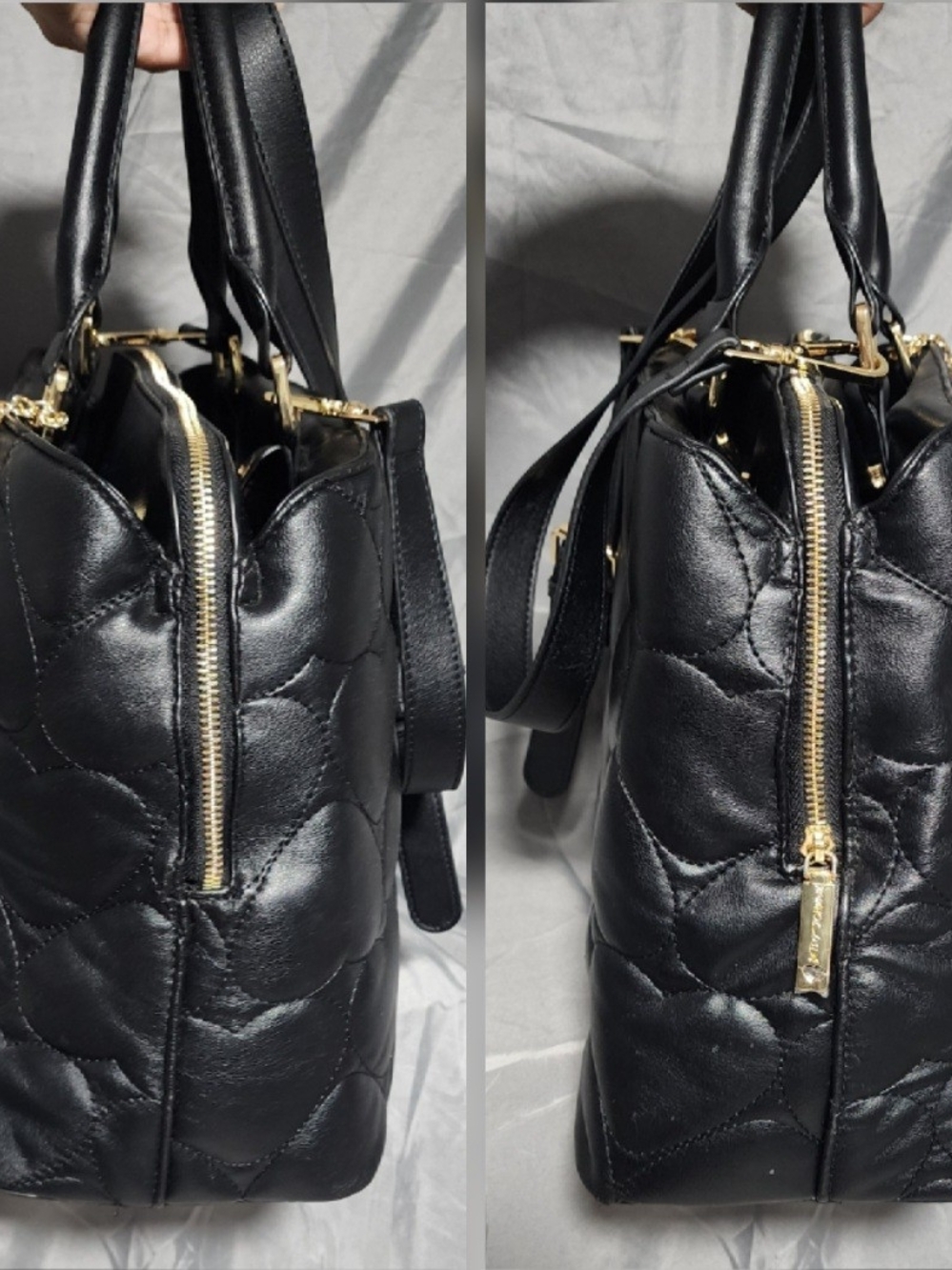 Betsey Johnson Large Black Quilted Puffy Heart Pattern Satchel Shoulderbag Purse - Picture 4 of 8